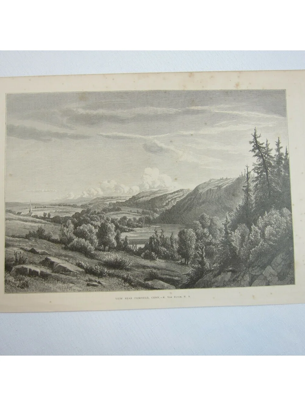 Antique 1874 Wood Engraving Print View Near Fairfield, Conn. Kruseman van Elten